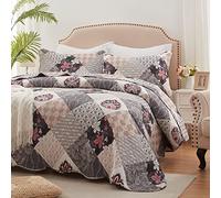 Full/Queen Size Quilt Set 3 Pieces Lightweight Reversible Bedspread-90''x98'' Soft Patchwork Floral Coverlet Luxurious Warm Microfiber Bed Cover All Seasons Gray Bedding Set(1 Quilt,2 Pillow Shams)