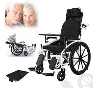 Full Reclining Wheelchair with High Back & Removable Headrest, Lightweight Foldable Manual Wheelchairs with Elevating Leg Rests, Fully Tiltable Scooter for The Disabled with Toilet, 18.5" Seat