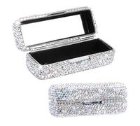 Full Rhinestone Crystal Lipstick Organizer with Mirror, Bling Makeup Case for Purse Travel, Multi-Slot Lip Gloss Holder with Interior Mirror for Women, Silver