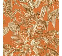 Full Roll Orange Gold Tropical Wallpaper Birds Palm Textured Paste The Wall Vinyl