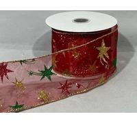 Full Roll Reel 10 metres x 63mm 2.5" Wired Red Sheer Organza Glitter Stars Red Christmas 6.3cm