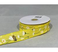 Full Roll Reel x 10 metre 25mm Wired Yellow BEE & Daisy Ribbon Hessian Style Summer 2.5cm