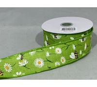 Full Roll Reel x 10 metre 38mm Wired Green BEE & Daisy Ribbon Hessian Style Summer 3.8cm
