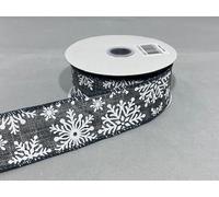 Full Roll Reel x 10 metre 38mm Wired Ribbon Grey Snowflakes Christmas Hessian Style 3.8cm