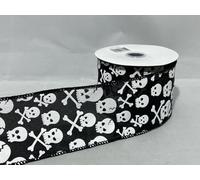 Full Roll Reel x 10 metre 63mm 2.5" Wired Black Skull and Cross Bones Ribbon Haloween Hessian Style 6.3cm