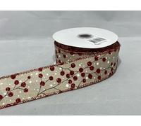 Full Roll Reel x 10 metre 63mm Wired Natural Berries Christmas Ribbon Hessian Style 6.3cm