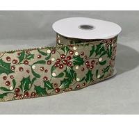 Full Roll Reel x 10 metre 63mm Wired Natural Holly Ribbon Christmas Hessian Style 6.3cm