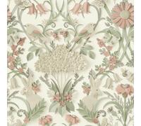 Full Roll - Woodland Cream Pink Green Wallpaper - Animals Floral Natural 10.05m x 53cm Roll - Contemporary Sophisticated Versatile - Bedroom Dining Room Living Room Sage Blush Rabbits Birds
