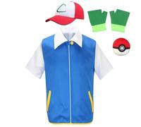 (full set as show, M) Cosplay Anime Ash Ketchum Clothes Men Blue Jacket Costume Boys Girls Cosplay for Party Trainer Pokemon Cap Gloves Set