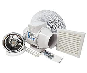 Full Shower Fan Light Kit - 100mm LED Light Chrome & White Bezel for Steam Moist Damp Condensation Control Low Noise Bathroom Toilet En-Suite 4 inch Run on Timer and 4.6w MR 16 4000k 12v Angle Light