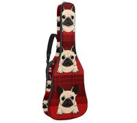 Full Size Acoustic Guitar Bag, 1 cm Thick Padding Guitar Case Waterproof 40 41 42 Inch, Puppy French Bulldog on Red Plaid Background