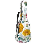 Full Size Acoustic Guitar Bag, 1 cm Thick Padding Guitar Case Waterproof 40 41 42 Inch, Watercolor Field Flowers Painting with Dragonfly