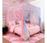 Full Size Bed Canopy with Lights, Bed Canopy for Girls Princess with Luminous Stars, Canopy Bed Curtains for Full Bed Kids Indoor Decor Bedroom, 4 Corner Post Bunk Bed for Student Dormitory, Blue&Pink