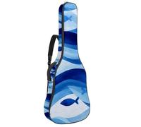 Full Size Guitar Bag, Waterproof Guitar Cover Carry Case for Acoustic Classical Electric Guitars, Watercolor Navy Blue Ocean Waves and Fishes