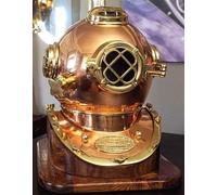 Full-Size U.S. Navy Mark V Copper & Brass Diving Helmet Replica with Wooden Base