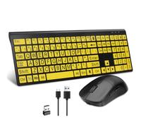 Full Size Wireless Large Print Keyboard and Mouse Set Rechargeable | Quiet Scissor Switch | for Seniors and Visually Impaired Low Vision Individuals-Yellow