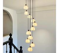 Full-Spectrum, Three-Color Staircase Pendant Light, Retro Solid Wood And Metal Structure, Printed Fabric Lampshade, Adjustable Hanging Cord,11 lamp