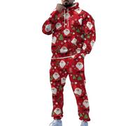 Full Tracksuit for Men Christmas Hoodie Tracksuit Long Sleeve Pullover Hooded Sweatshirt Casual Joggers Pants Set 2 Piece Christmas Outfit Fashion Comfortable Fit Sweatsuit with Pockets Red