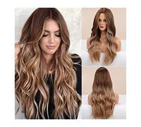 Full Wig 26 "Long Brown Ombre Synthetic Wigs for Women Natural Looking Wavey Curly 150% Density Middle Part Heat Resistent Fiber