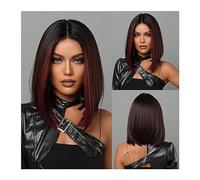 Full Wig Bob Wigs For Women Short Black Wig With Red Highlight Middle Part Daily Use