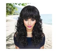 Full Wig Casual Natural Wig Female Daily Use Highlight Synthetic Hair Mix Brown with Bangs Long Curly Replacement Wigs for Women(Black)