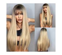 Full Wig Light Blonde Hair Wig with Dark Roots Long Straight Synthetic with Bangs for White Women Heat Resistant Fibre Wigs with Natural Hairline