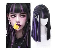 Full Wig Medium Length Straight Hair Wig with Bangs, Synthetic Purple Highlights Black Natural Looking Daily Cosplay Party for Women Girls