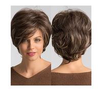 Full Wig Mixed Brown Blonde Highlight Synthetic Wig Short Pixie Cut Wavy Bob Wigs with Bangs for Women Natural Heat Resistant Hair