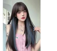 Full Wig, Natural Bangs, Black Long Straight Hair Wig, Simulated Hair For Women, Black Tea Haze Blue Highlights