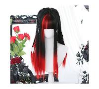Full Wig Red Black Gradient Hair Wig with Bangs Long Straight Cosplay, Natural Heat Resistant Synthetic Party Halloween Use