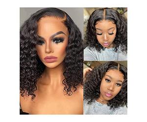 Full Wig Short Curly Bob Human Hair Wig Water Wave 4x4 Transparent Lace Closure Wigs for Women 8-14" Pre Plucked Peruvian with Baby(10inches)