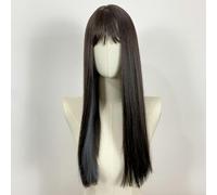 Full Wig With Black Tea Highlights, Haze Blue, Natural Ear-Hanging Highlights, Simulated Long Straight Hair, Full Wig
