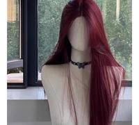 full Women's Hand-Woven Forehead Raspberry Red Middle Part Long Straight Wig, French Style Thin Full Headset