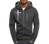 Full Zip Hoodie Men, Printed Christian Graphic Hoodie Stretchy Comfy Hooded Sweatshirt Casual Trendy Sport Hoodies Training Jackets Solid Color Loose Workwear Long Sleeve Outerwear Dark Gray
