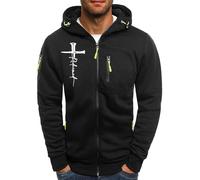 Full Zip Hoodie Men, Printed Christian Graphic Hoodie Stretchy Comfy Hooded Sweatshirt Casual Trendy Sport Hoodies Training Jackets Solid Color Loose Workwear Long Sleeve Outerwear Black