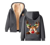 Full Zip Womens Fleece Jacket Casual Reindeer Print Christmas Hoodies Winter Warm Teddy Lined Hoodie Women'S Sherpa Long Sleeve Thick Warm Coats Cosy Soft Leisure Oversized Jumper With Pocket Grey