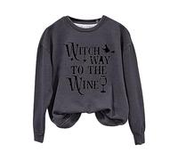 Full Zip Women's Hoodies Witch Way To The Wine Printed Round Neck Off Shoulder Long Sleeve Sweatshirt Top Cute Pullover Hoodies Women (Grey, L)