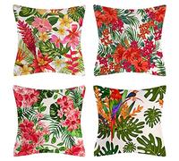Fullfun Tropical Leaves Cushion Covers, Turtle Leaves pillow covers with Parrot, Pack of 4 square jungle throw pillowcase, For sofa, couch, bedroom & outdoor cushions 50 x 50cm (20 x 20 inch)