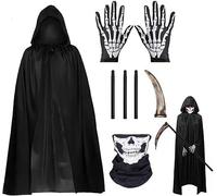FullGen 2026 Halloween Grim Reaper Costume Set,Scary Reaper Costumes for Halloween Costumes with Scythe+Skull Mask+Skeleton Gloves, Grim Reaper Vampire Halloween Party Costumes 4Pcs (130cm)