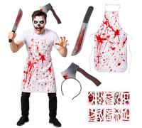 FullGen Blood atmosphere Halloween Costumes Set,Scary Butcher Chef Costume-Chef Apron Knife Headgear Gloves Stockings and Knife Hanging,Halloween Party Favor Decorations