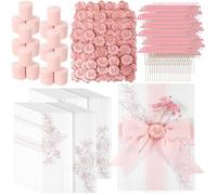 Fullhawl 100 Sets Wedding Invitations Wraps Set Pre Folded Vellum Jackets for 5 x 7 Invitations Dried Flowers Wax Seal Stickers Chiffon Silk Ribbon for Wedding Birthday Bridal Shower Craft DIY (Pink)