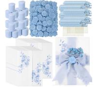 Fullhawl 100 Sets Wedding Invitations Wraps Set Pre Folded Vellum Jackets for 5 x 7 Invitations Dried Flowers Wax Seal Stickers Chiffon Silk Ribbon for Wedding Birthday Bridal Shower Craft DIY (Blue)