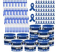 Fullhawl 150 Pcs Colon Cancer Awareness Accessories Include 50 Silicone Bracelets 50 Blue Ribbon Pins 50 Pens for Colon Cancer Month Men Women Patient Family Charity Events Gifts