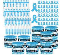 Fullhawl 150 Pcs Light Blue Ribbon Awareness Accessories Include 50 Ribbon Pen 50 Silicone Bracelets 50 Pins for Prostate Cancer Thyroid Disease Lymphedema Awareness Month Advocates Events Gifts