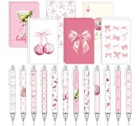 Fullhawl 24 Pcs Mini Coquette Pink Bow Notebooks and Pens Set 12 Small Pink Martini Ruled Notepad 12 Ballpoint Pens Preppy Bow Journal Bulk for Women Travel Office Supplies 3.2 x 4.9 Inch
