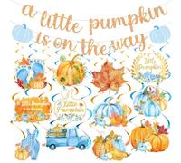 Fullhawl 26 Pcs Little Pumpkin Baby Shower Banner Sign with 12 Hanging Swirls A Little Pumpkin Is on the Way Banner Fall Blue Hanging Decorations for Gender Reveal Theme Party Supplies