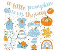 Fullhawl 26 Pcs Little Pumpkin Baby Shower Banner Sign with 12 Hanging Swirls a Little Pumpkin Is on the Way Banner Fall Blue Hanging Decorations for Gender Reveal Theme Party Supplies