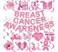Fullhawl 27 Pcs Breast Cancer Awareness Banner Sign with 12 Hanging Swirls- Pink Ribbon Breast Cancer Banner Pink Ribbon Month Hanging Decorations for Women Charity Activity Party Supplies