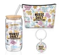 Fullhawl 3 Pcs Nurse Daily Affirmation Gifts Set for Women, Daily Affirmations Makeup Bag Positive Daily Affirmation Iced Coffee Cup and Keychain Inspirational Gifts for Nurse Mom Coworker Birthday