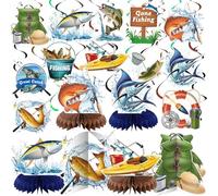Fullhawl 36 Pcs Gone Fishing Party Decorations Include 24 Fishing Hanging Banner Hanging Swirl 12 Table Honeycomb Centerpieces Fisherman Theme Party Supplies for Ofishally One Birthday Party Decor